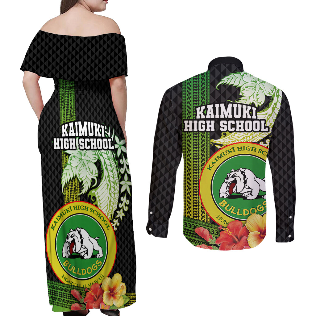 Hawaii Kaimuki High School Couples Matching Off Shoulder Maxi Dress and Long Sleeve Button Shirt Tribal Kakau Pattern Mix Hibiscus Flower LT03 - Polynesian Pride