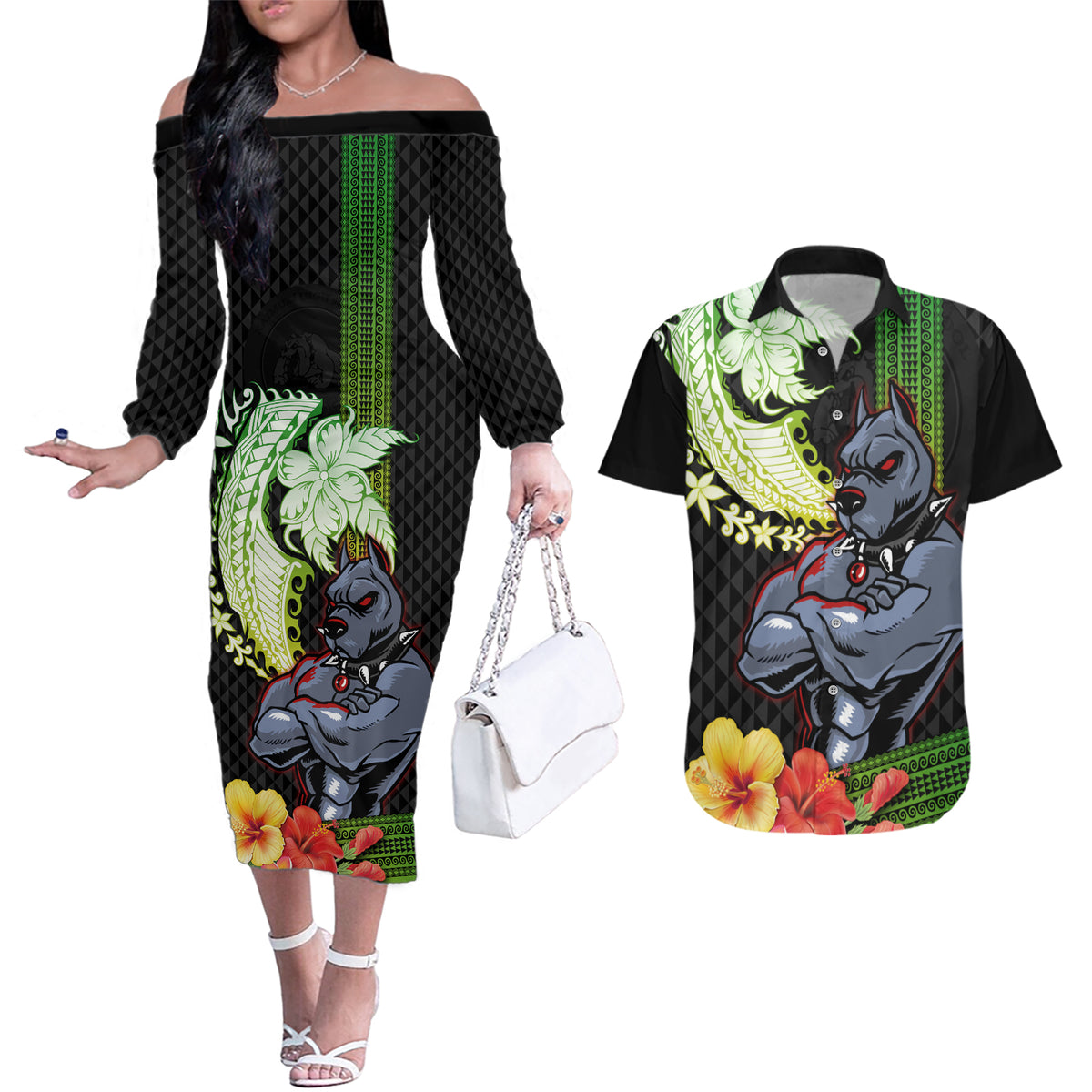 Hawaii Kaimuki High School Couples Matching Off The Shoulder Long Sleeve Dress and Hawaiian Shirt Tribal Kakau Pattern Mix Hibiscus Flower LT03 Black - Polynesian Pride