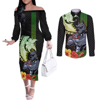 Hawaii Kaimuki High School Couples Matching Off The Shoulder Long Sleeve Dress and Long Sleeve Button Shirt Tribal Kakau Pattern Mix Hibiscus Flower LT03 Black - Polynesian Pride