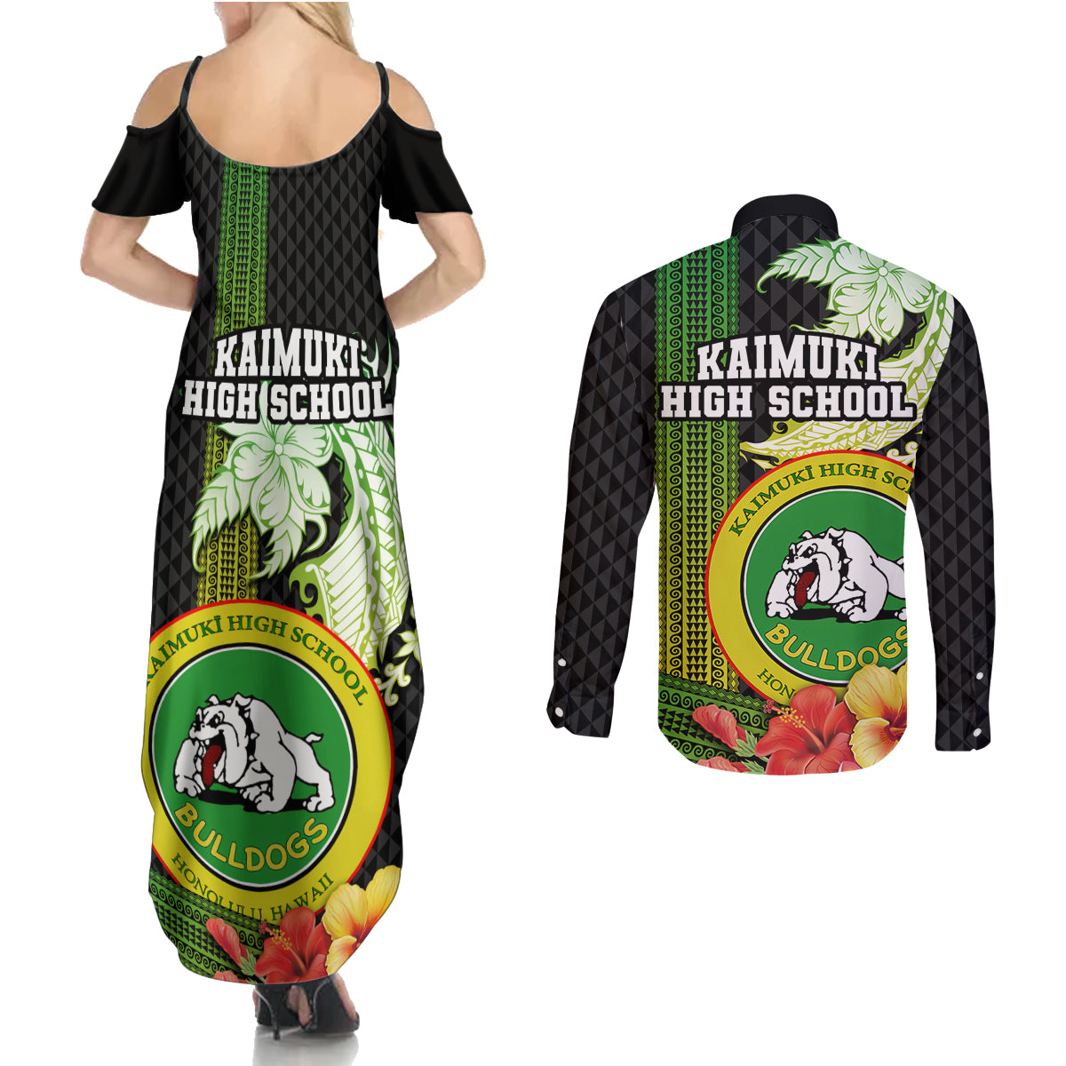 Hawaii Kaimuki High School Couples Matching Summer Maxi Dress and Long Sleeve Button Shirt Tribal Kakau Pattern Mix Hibiscus Flower LT03 - Polynesian Pride