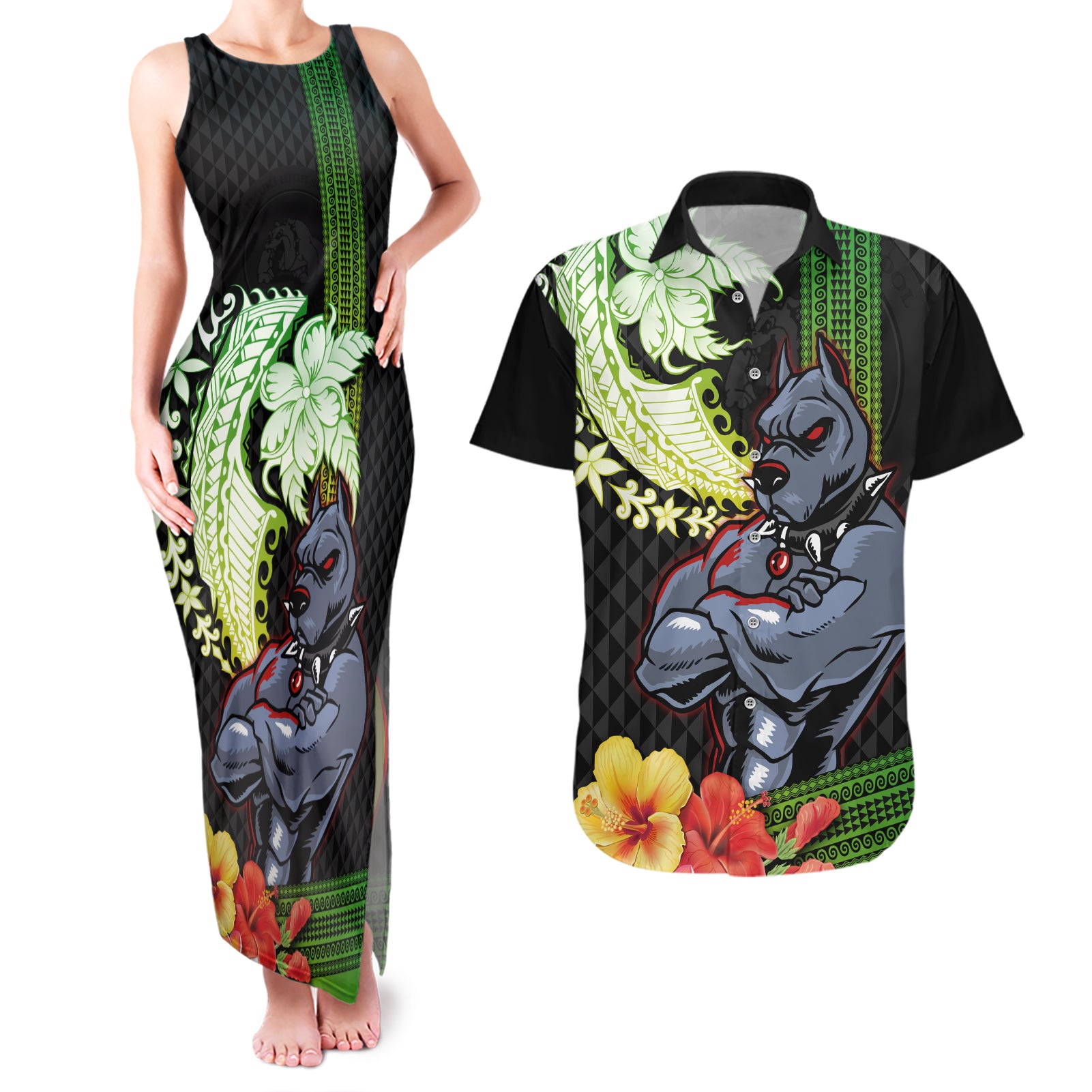 Hawaii Kaimuki High School Couples Matching Tank Maxi Dress and Hawaiian Shirt Tribal Kakau Pattern Mix Hibiscus Flower LT03 Black - Polynesian Pride