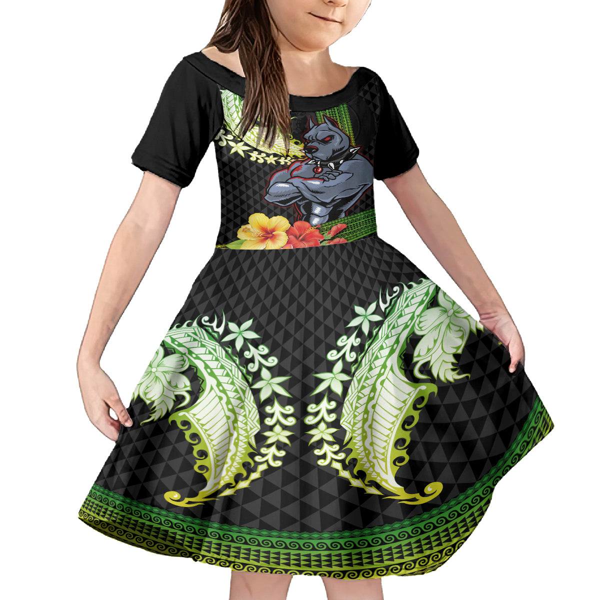 Hawaii Kaimuki High School Kid Short Sleeve Dress Tribal Kakau Pattern Mix Hibiscus Flower LT03 KID Black - Polynesian Pride