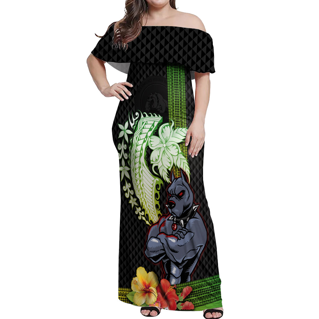 Hawaii Kaimuki High School Off Shoulder Maxi Dress Tribal Kakau Pattern Mix Hibiscus Flower LT03 Women Black - Polynesian Pride