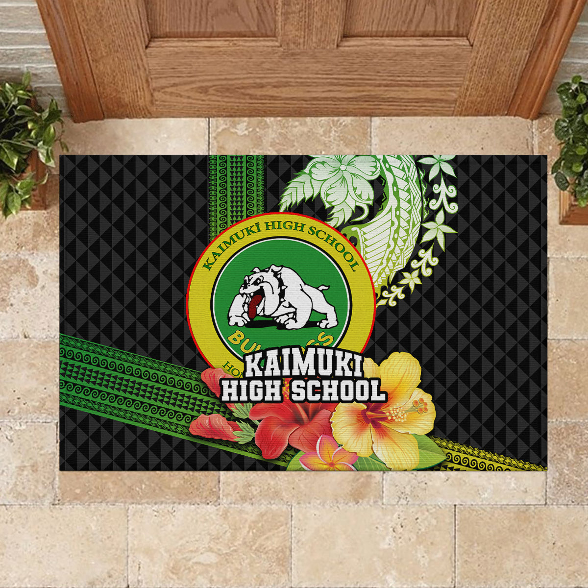 Hawaii Kaimuki High School Rubber Doormat Tribal Kakau Pattern Mix Hibiscus Flower LT03 - Polynesian Pride