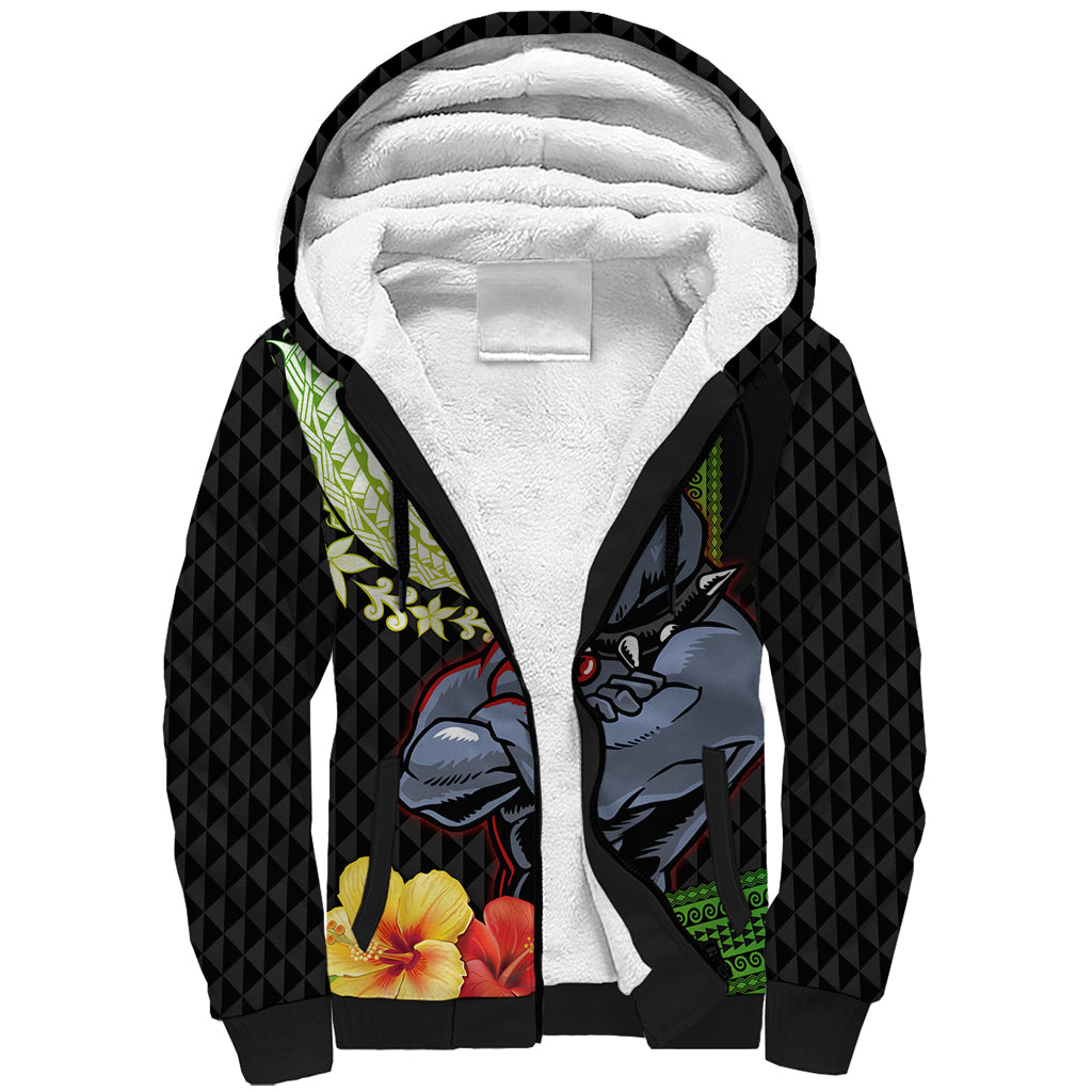 Hawaii Kaimuki High School Sherpa Hoodie Tribal Kakau Pattern Mix Hibiscus Flower LT03 Unisex Black - Polynesian Pride