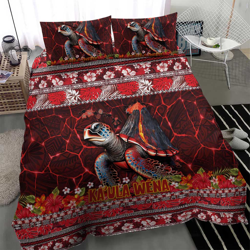 Hawaii KaʻUla Wena Volcano Turtle Bedding Set Lava and Tropical Plants Tribal Pattern