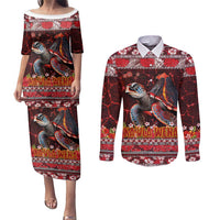 Hawaii KaUla Wena Volcano Turtle Couples Matching Puletasi and Long Sleeve Button Shirt Lava and Tropical Plants Tribal Pattern LT03 Red - Polynesian Pride