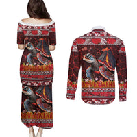 Hawaii KaUla Wena Volcano Turtle Couples Matching Puletasi and Long Sleeve Button Shirt Lava and Tropical Plants Tribal Pattern LT03 - Polynesian Pride