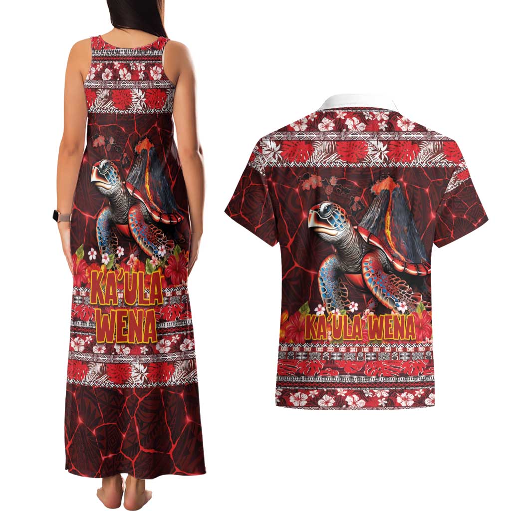 Hawaii KaʻUla Wena Volcano Turtle Couples Matching Tank Maxi Dress and Hawaiian Shirt Lava and Tropical Plants Tribal Pattern