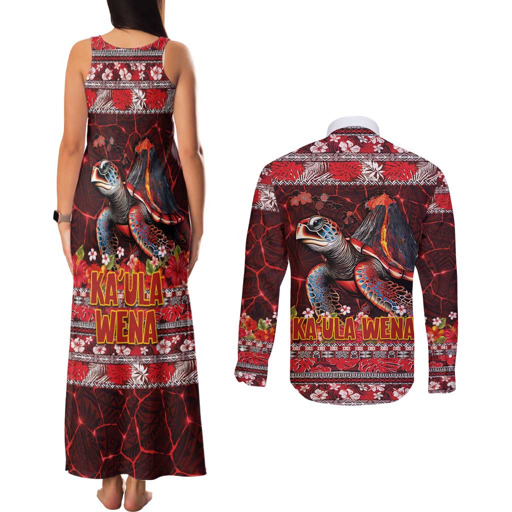 Hawaii KaʻUla Wena Volcano Turtle Couples Matching Tank Maxi Dress and Long Sleeve Button Shirt Lava and Tropical Plants Tribal Pattern