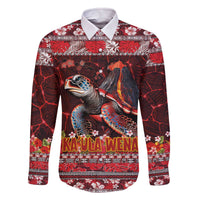 Hawaii KaʻUla Wena Volcano Turtle Family Matching Off The Shoulder Long Sleeve Dress and Hawaiian Shirt Lava and Tropical Plants Tribal Pattern