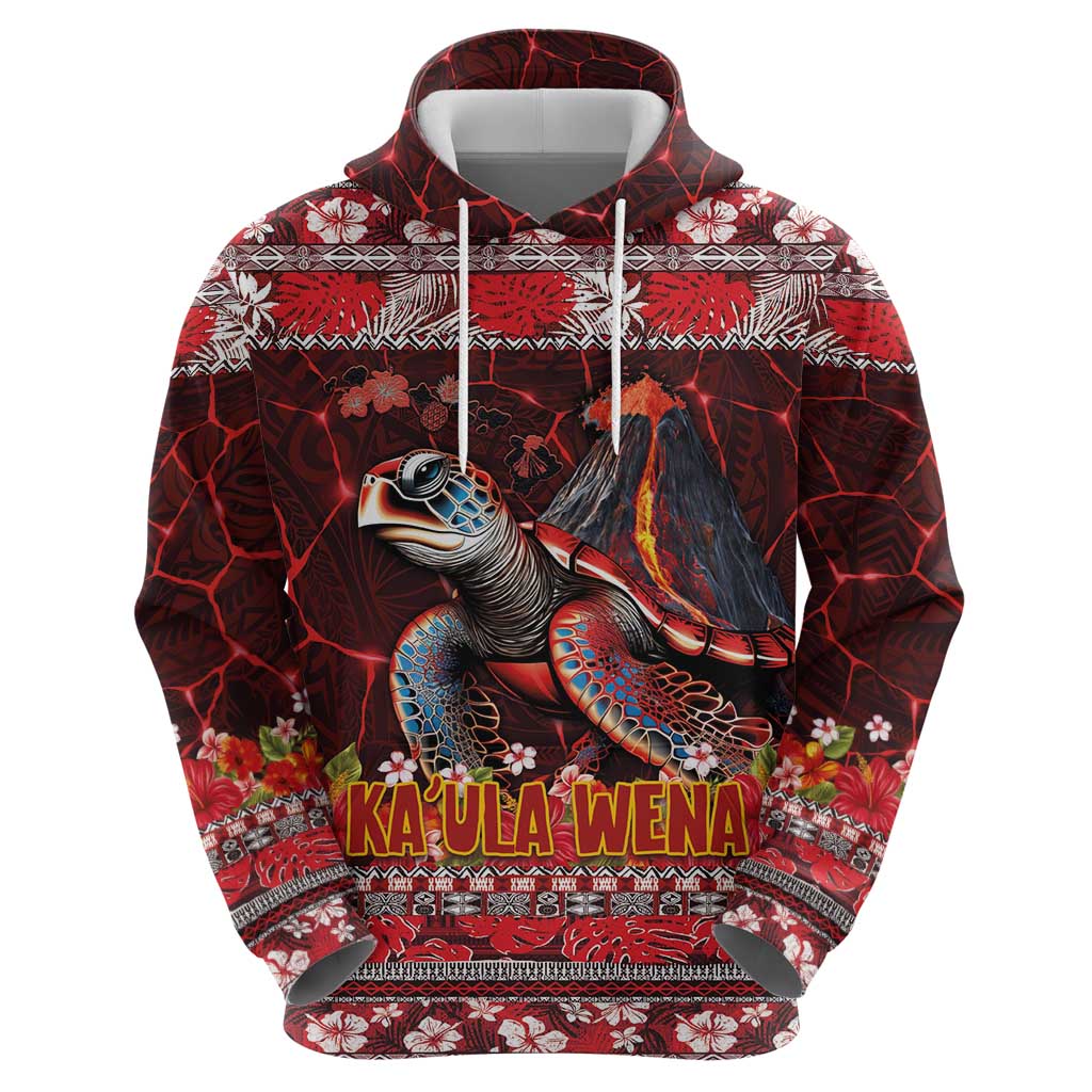 Hawaii KaʻUla Wena Volcano Turtle Hoodie Lava and Tropical Plants Tribal Pattern