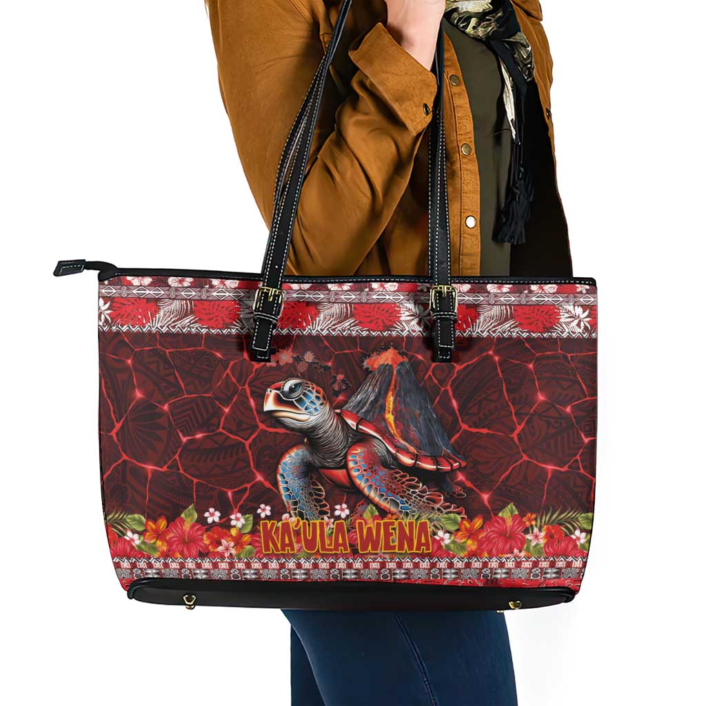 Hawaii KaʻUla Wena Volcano Turtle Leather Tote Bag Lava and Tropical Plants Tribal Pattern