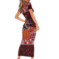 Hawaii KaʻUla Wena Volcano Turtle Short Sleeve Bodycon Dress Lava and Tropical Plants Tribal Pattern