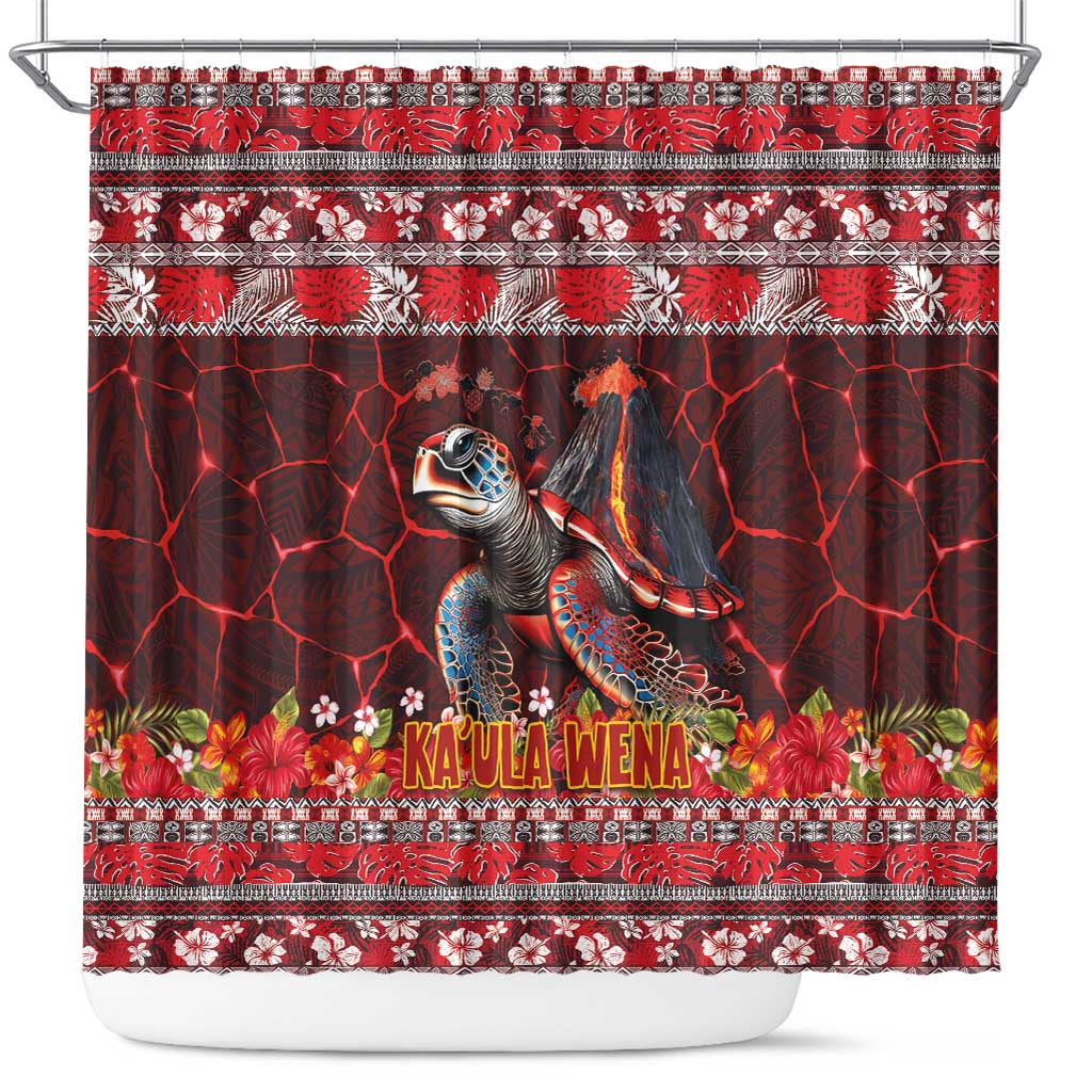 Hawaii KaʻUla Wena Volcano Turtle Shower Curtain Lava and Tropical Plants Tribal Pattern