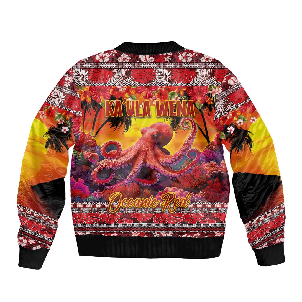 Hawaii KaʻUla Wena Octopus Bomber Jacket Oceanic Red with Corals and Tropical On Sunset Landscape