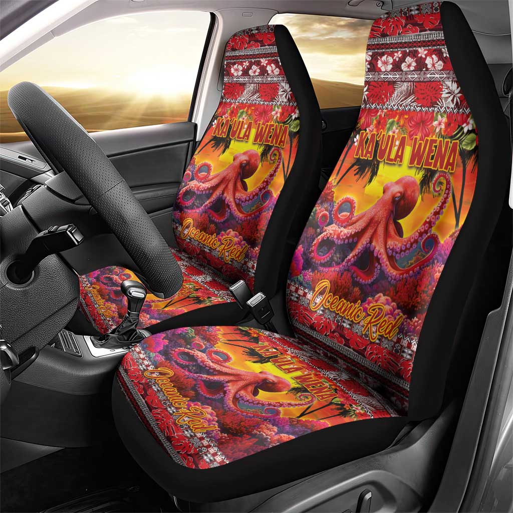 Hawaii KaʻUla Wena Octopus Car Seat Cover Oceanic Red with Corals and Tropical On Sunset Landscape