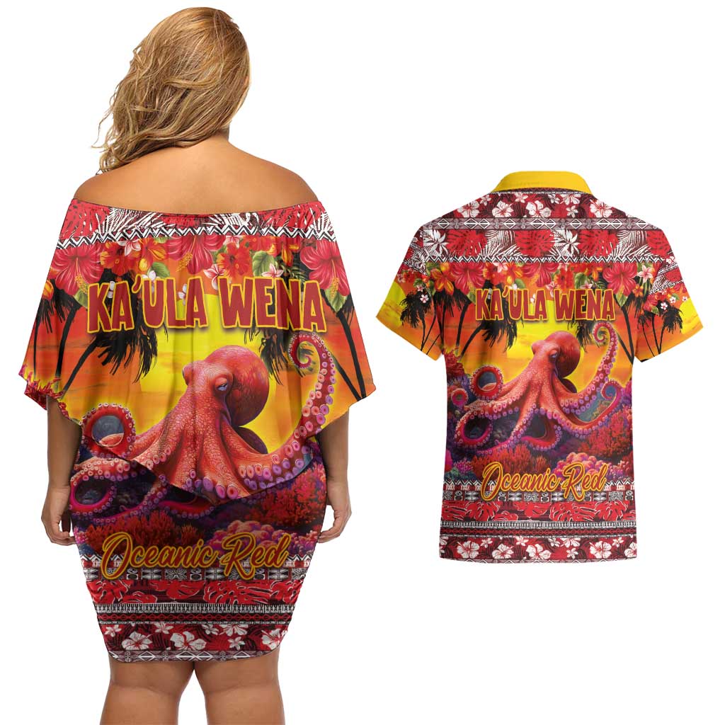 Hawaii KaʻUla Wena Octopus Couples Matching Off Shoulder Short Dress and Hawaiian Shirt Oceanic Red with Corals and Tropical On Sunset Landscape