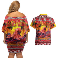Hawaii KaʻUla Wena Octopus Couples Matching Off Shoulder Short Dress and Hawaiian Shirt Oceanic Red with Corals and Tropical On Sunset Landscape