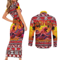 Hawaii KaʻUla Wena Octopus Couples Matching Short Sleeve Bodycon Dress and Long Sleeve Button Shirt Oceanic Red with Corals and Tropical On Sunset Landscape