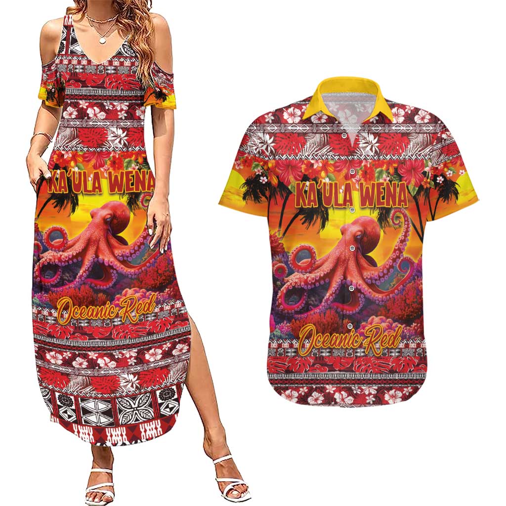 Hawaii KaʻUla Wena Octopus Couples Matching Summer Maxi Dress and Hawaiian Shirt Oceanic Red with Corals and Tropical On Sunset Landscape