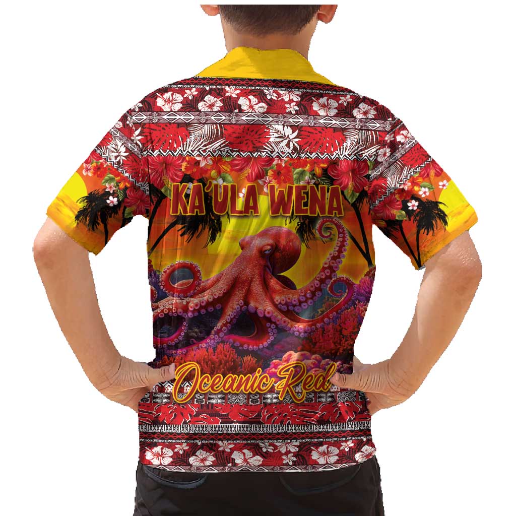 Hawaii KaʻUla Wena Octopus Family Matching Mermaid Dress and Hawaiian Shirt Oceanic Red with Corals and Tropical On Sunset Landscape