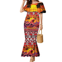 Hawaii KaʻUla Wena Octopus Family Matching Mermaid Dress and Hawaiian Shirt Oceanic Red with Corals and Tropical On Sunset Landscape