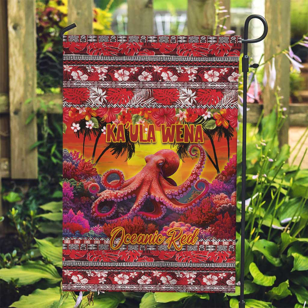 Hawaii KaʻUla Wena Octopus Garden Flag Oceanic Red with Corals and Tropical On Sunset Landscape