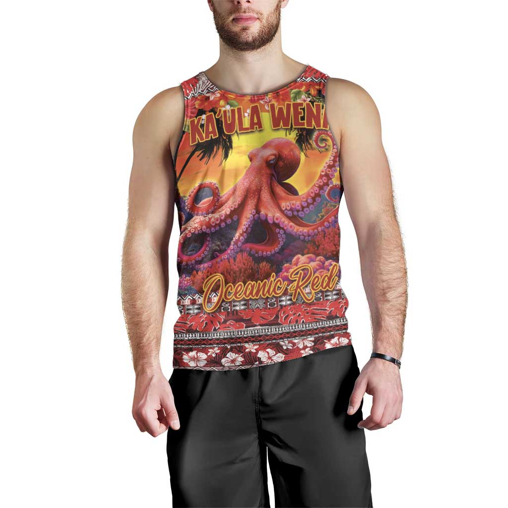 Hawaii KaʻUla Wena Octopus Men Tank Top Oceanic Red with Corals and Tropical On Sunset Landscape