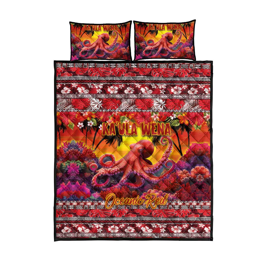 Hawaii KaʻUla Wena Octopus Quilt Bed Set Oceanic Red with Corals and Tropical On Sunset Landscape