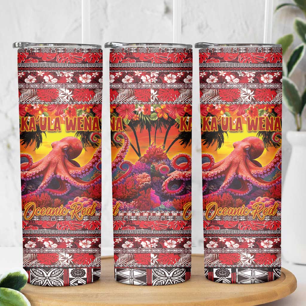 Hawaii KaʻUla Wena Octopus Skinny Tumbler Oceanic Red with Corals and Tropical On Sunset Landscape