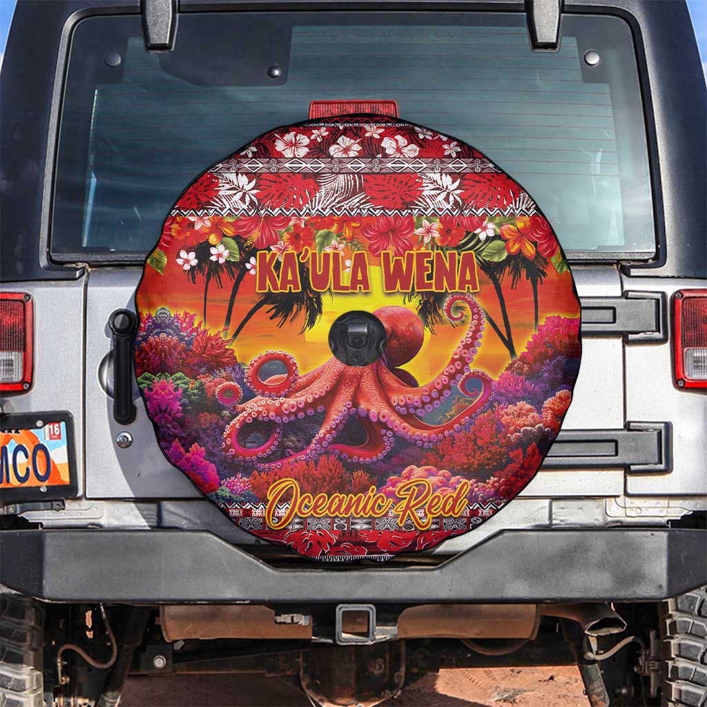 Hawaii KaʻUla Wena Octopus Spare Tire Cover Oceanic Red with Corals and Tropical On Sunset Landscape