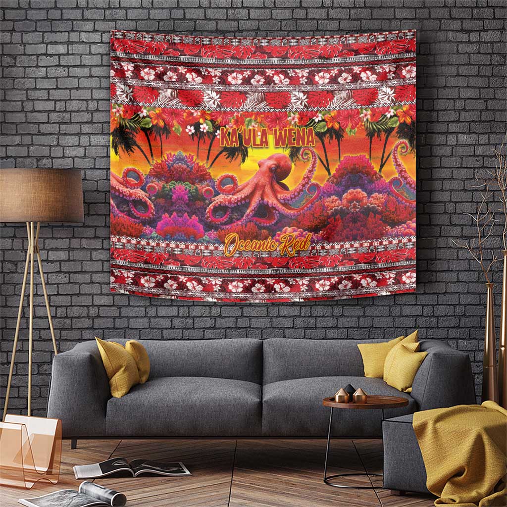 Hawaii KaUla Wena Octopus Tapestry Oceanic Red with Corals and Tropical On Sunset Landscape LT03 Red - Polynesian Pride