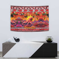 Hawaii KaUla Wena Octopus Tapestry Oceanic Red with Corals and Tropical On Sunset Landscape LT03 - Polynesian Pride