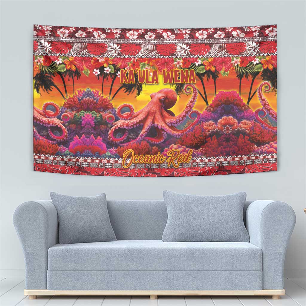 Hawaii KaUla Wena Octopus Tapestry Oceanic Red with Corals and Tropical On Sunset Landscape LT03 - Polynesian Pride