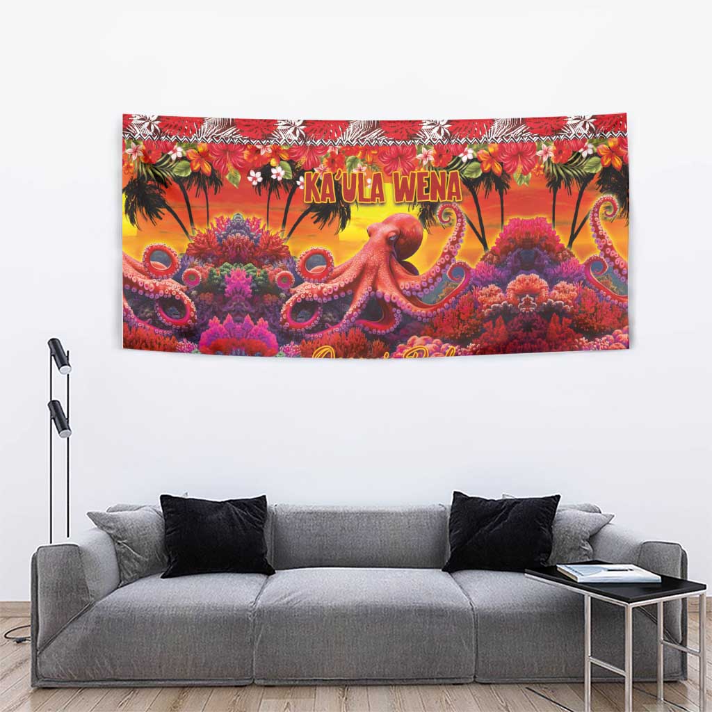 Hawaii KaUla Wena Octopus Tapestry Oceanic Red with Corals and Tropical On Sunset Landscape LT03 - Polynesian Pride