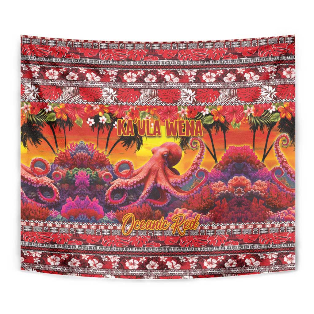 Hawaii KaUla Wena Octopus Tapestry Oceanic Red with Corals and Tropical On Sunset Landscape LT03 - Polynesian Pride