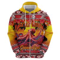 Hawaii KaʻUla Wena Octopus Zip Hoodie Oceanic Red with Corals and Tropical On Sunset Landscape