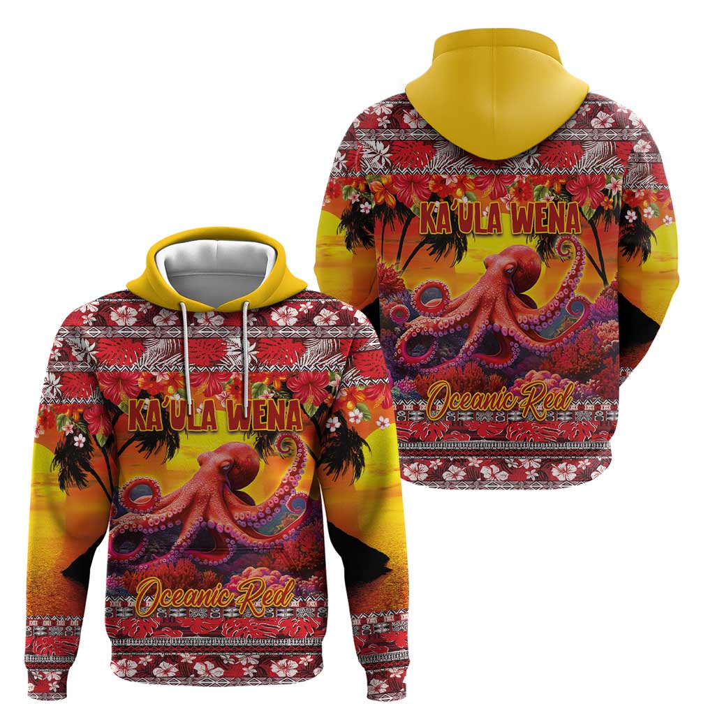 Hawaii KaʻUla Wena Octopus Zip Hoodie Oceanic Red with Corals and Tropical On Sunset Landscape