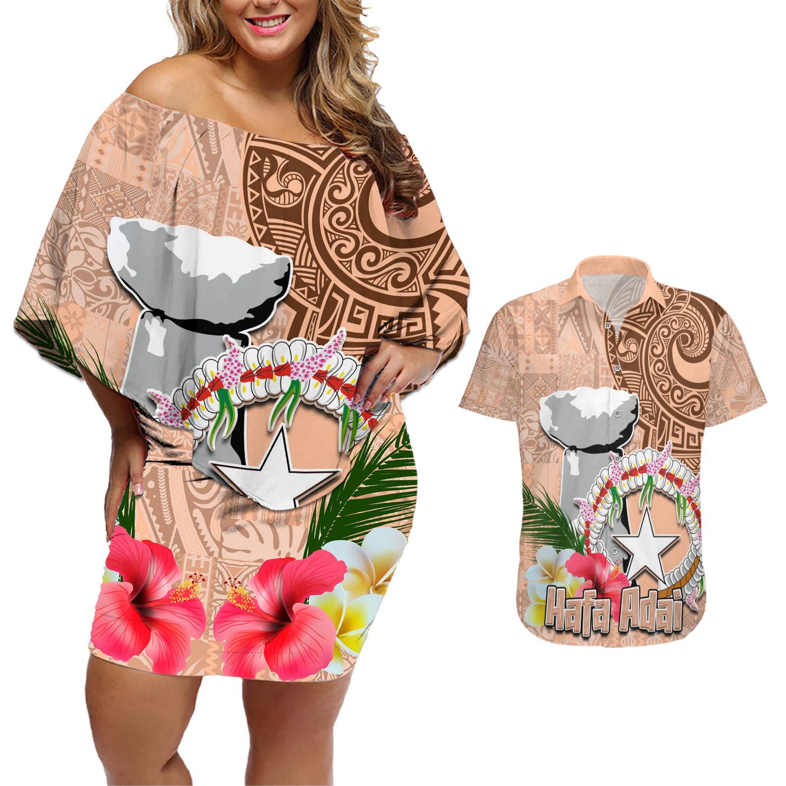 Northern Mariana Islands Hafa Adai Latte Stone Couples Matching Off Shoulder Short Dress and Hawaiian Shirt Peach Fuzz Color LT03 Peach Fuzz Color - Polynesian Pride