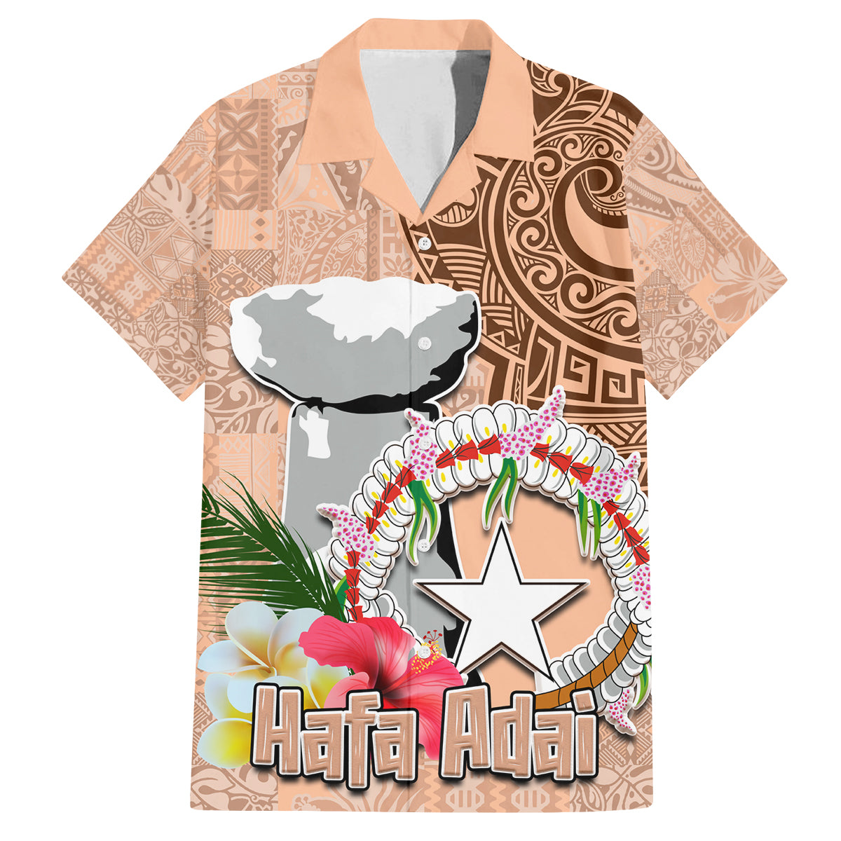 Northern Mariana Islands Hafa Adai Latte Stone Family Matching Puletasi and Hawaiian Shirt Peach Fuzz Color LT03 Dad's Shirt - Short Sleeve Peach Fuzz Color - Polynesian Pride