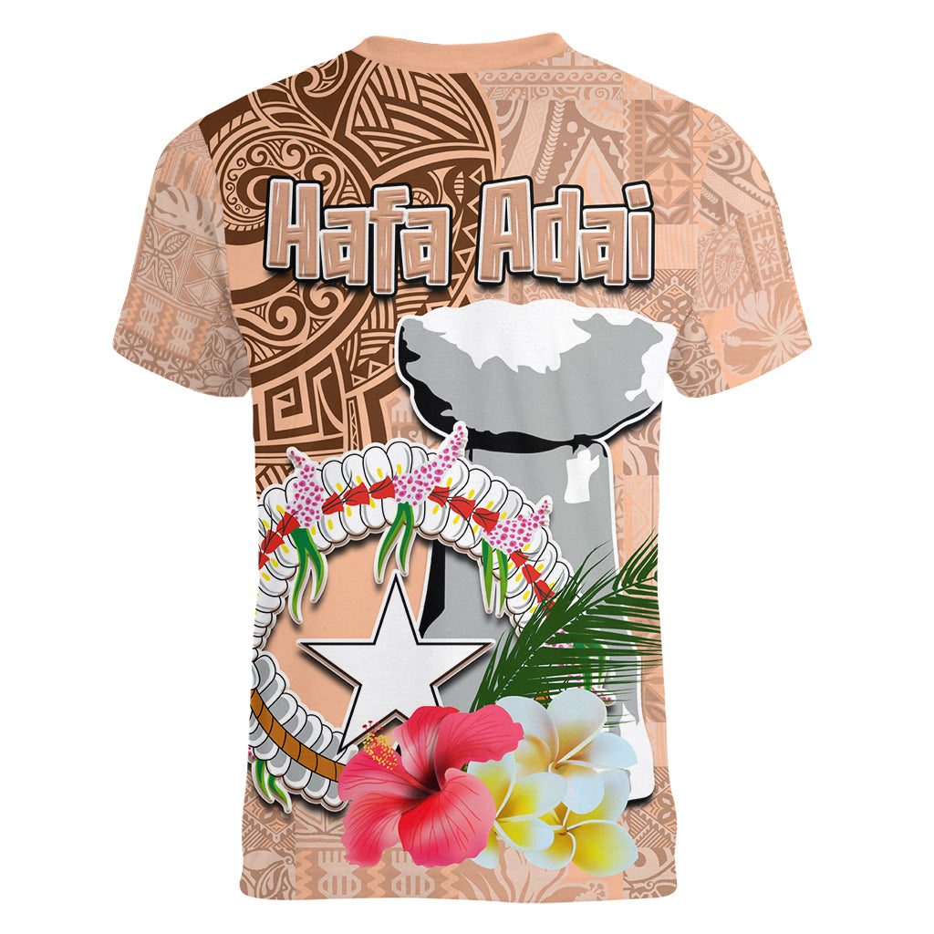 Northern Mariana Islands Hafa Adai Latte Stone Women V Neck T Shirt Peach Fuzz Color LT03 - Polynesian Pride