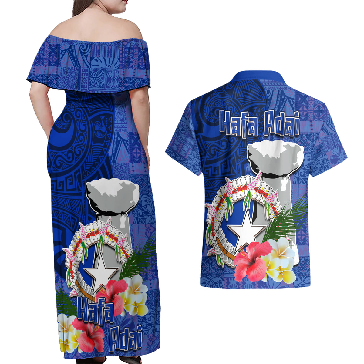 Northern Mariana Islands Hafa Adai Latte Stone Couples Matching Off Shoulder Maxi Dress and Hawaiian Shirt Blue Color LT03 - Polynesian Pride