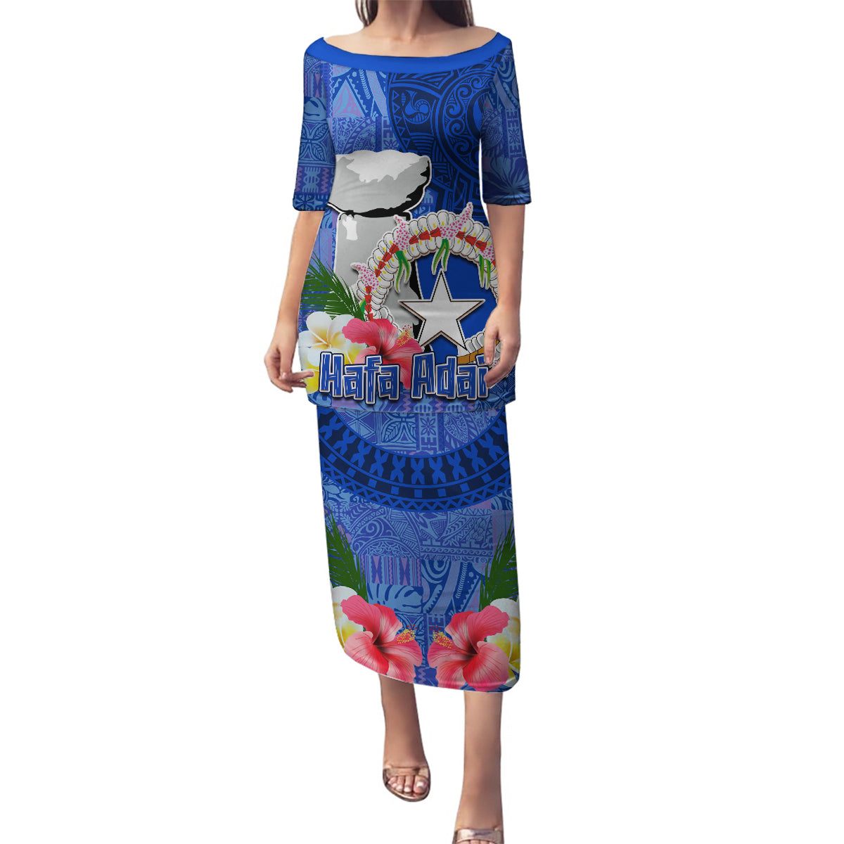 Northern Mariana Islands Hafa Adai Latte Stone Family Matching Puletasi and Hawaiian Shirt Blue Color LT03 Mom's Dress Blue - Polynesian Pride