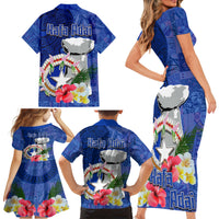 Northern Mariana Islands Hafa Adai Latte Stone Family Matching Short Sleeve Bodycon Dress and Hawaiian Shirt Blue Color LT03 - Polynesian Pride