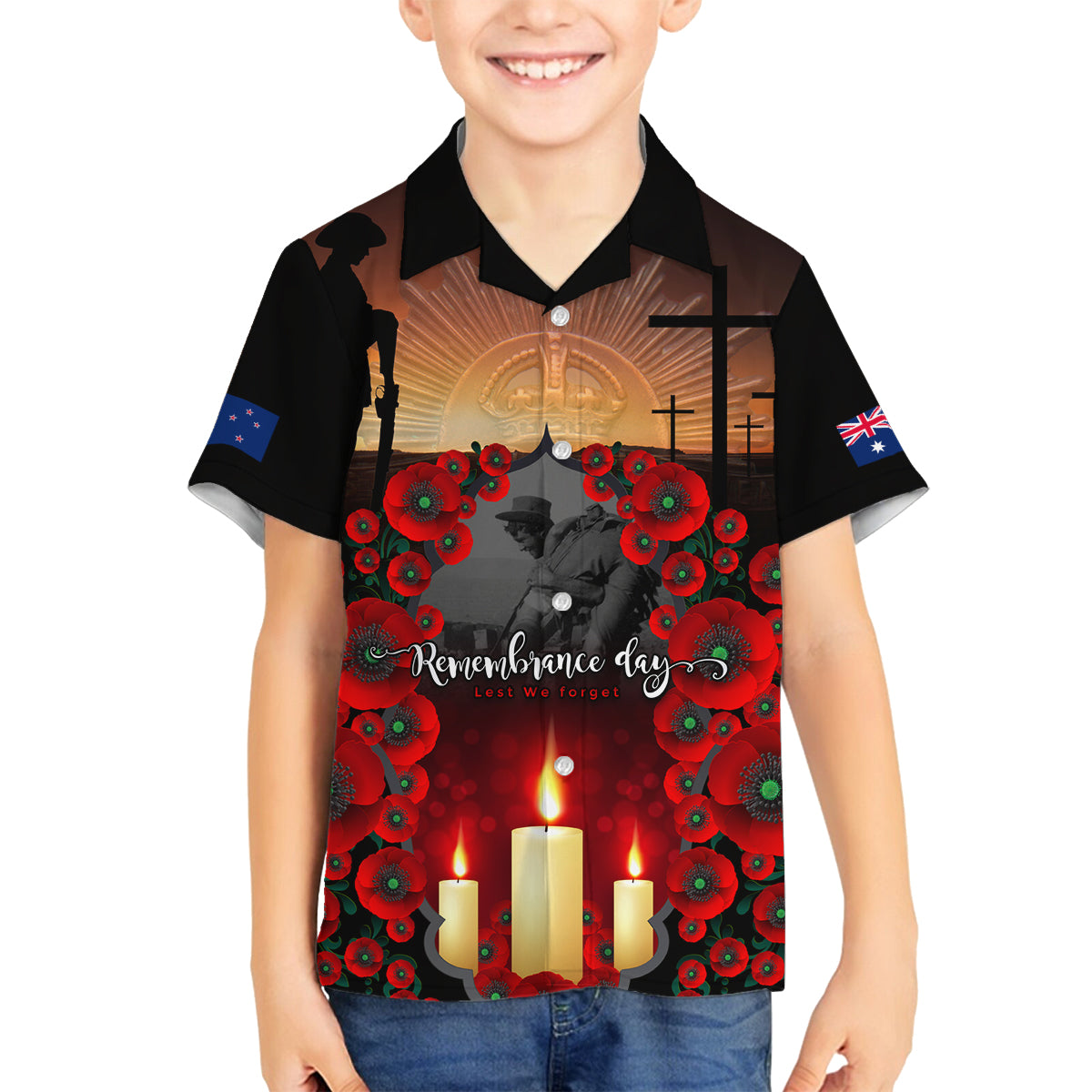 Custom New Zealand and Australia ANZAC Day Family Matching Off Shoulder Short Dress and Hawaiian Shirt Gallipoli and Canlelight Lest We Forget LT03 Son's Shirt Black - Polynesian Pride