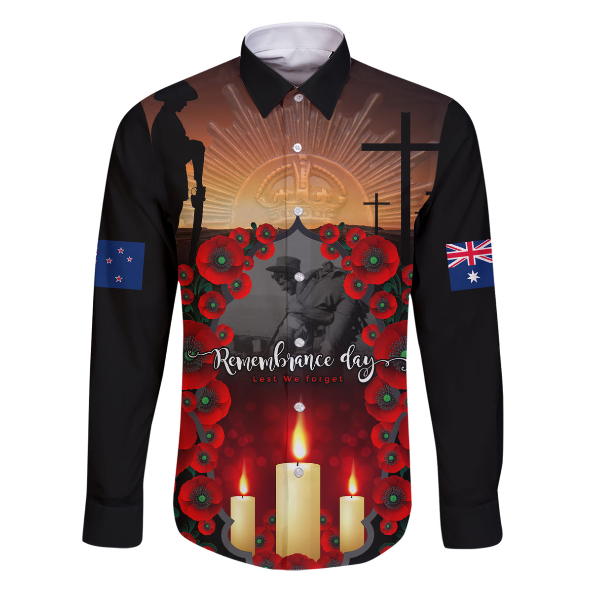 Custom New Zealand and Australia ANZAC Day Family Matching Short Sleeve Bodycon Dress and Hawaiian Shirt Gallipoli and Canlelight Lest We Forget LT03 Dad's Shirt - Long Sleeve Black - Polynesian Pride
