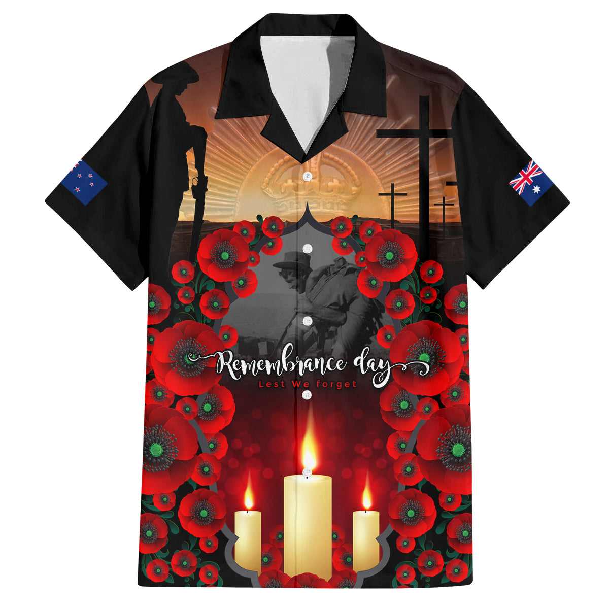 Custom New Zealand and Australia ANZAC Day Family Matching Tank Maxi Dress and Hawaiian Shirt Gallipoli and Canlelight Lest We Forget LT03 Dad's Shirt - Short Sleeve Black - Polynesian Pride