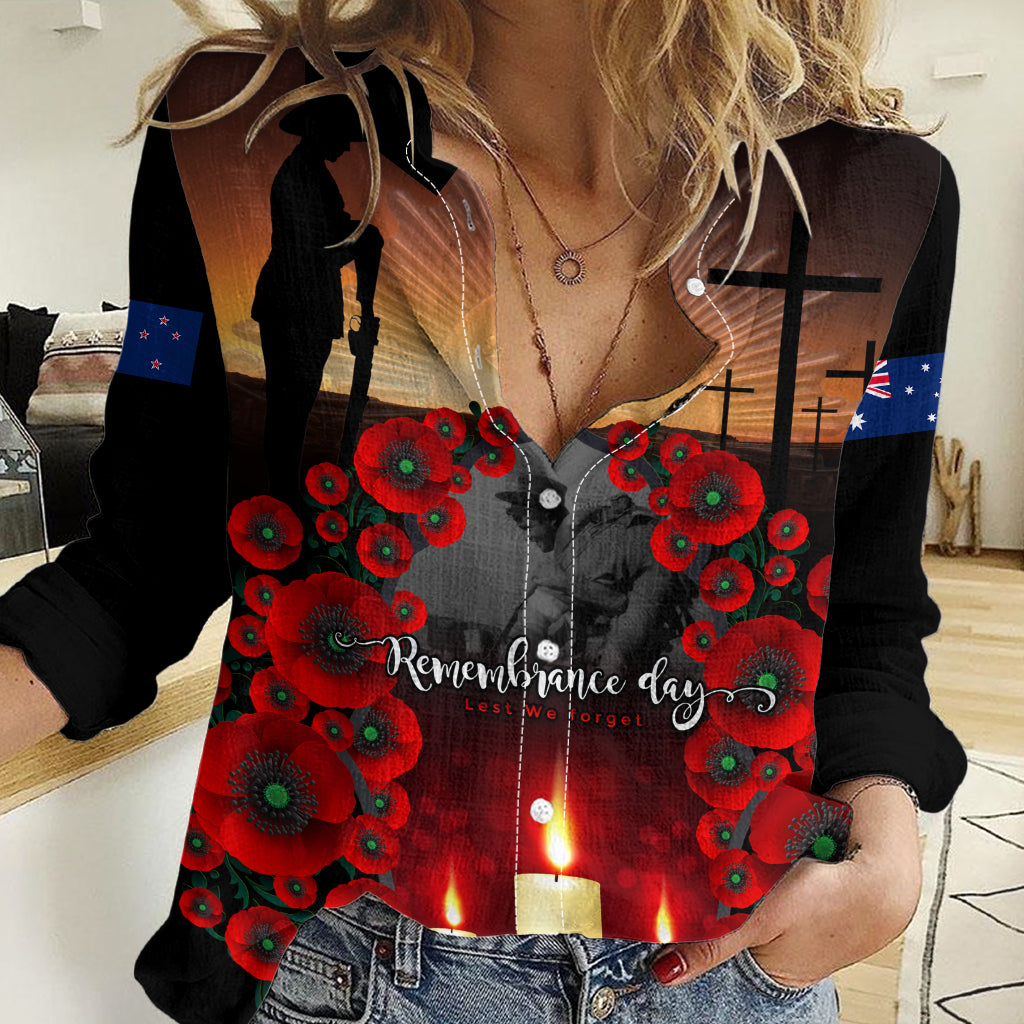 Custom New Zealand and Australia ANZAC Day Women Casual Shirt Gallipoli and Canlelight Lest We Forget LT03 Female Black - Polynesian Pride