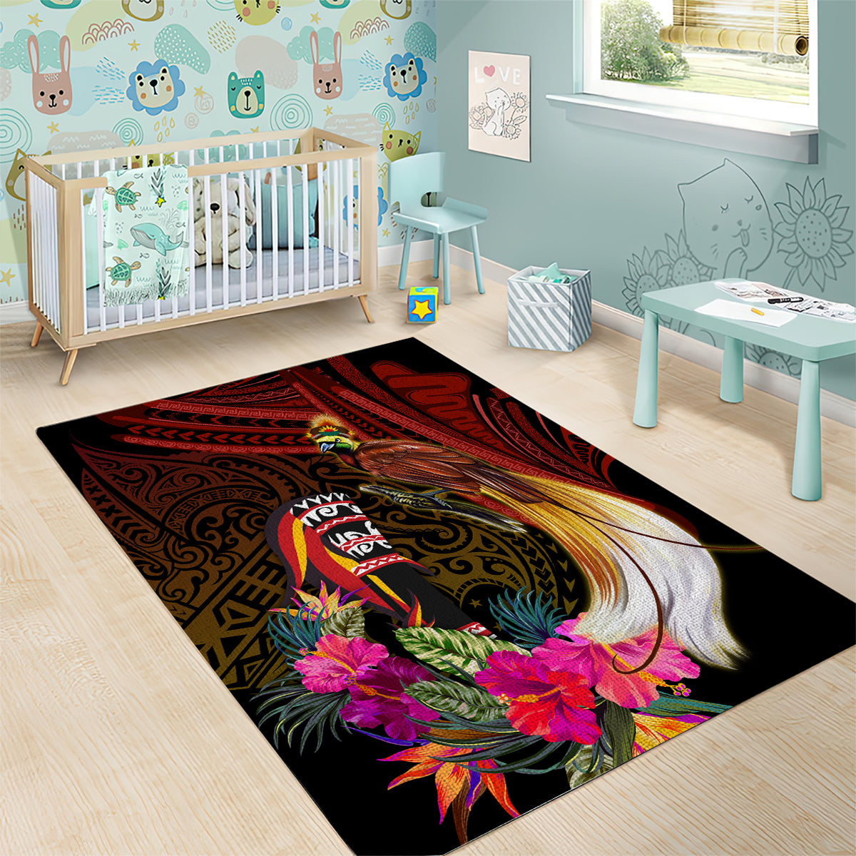 Papua New Guinea Bird-of-Paradise Area Rug Hibiscus and Kundu Drum Tribal Pattern